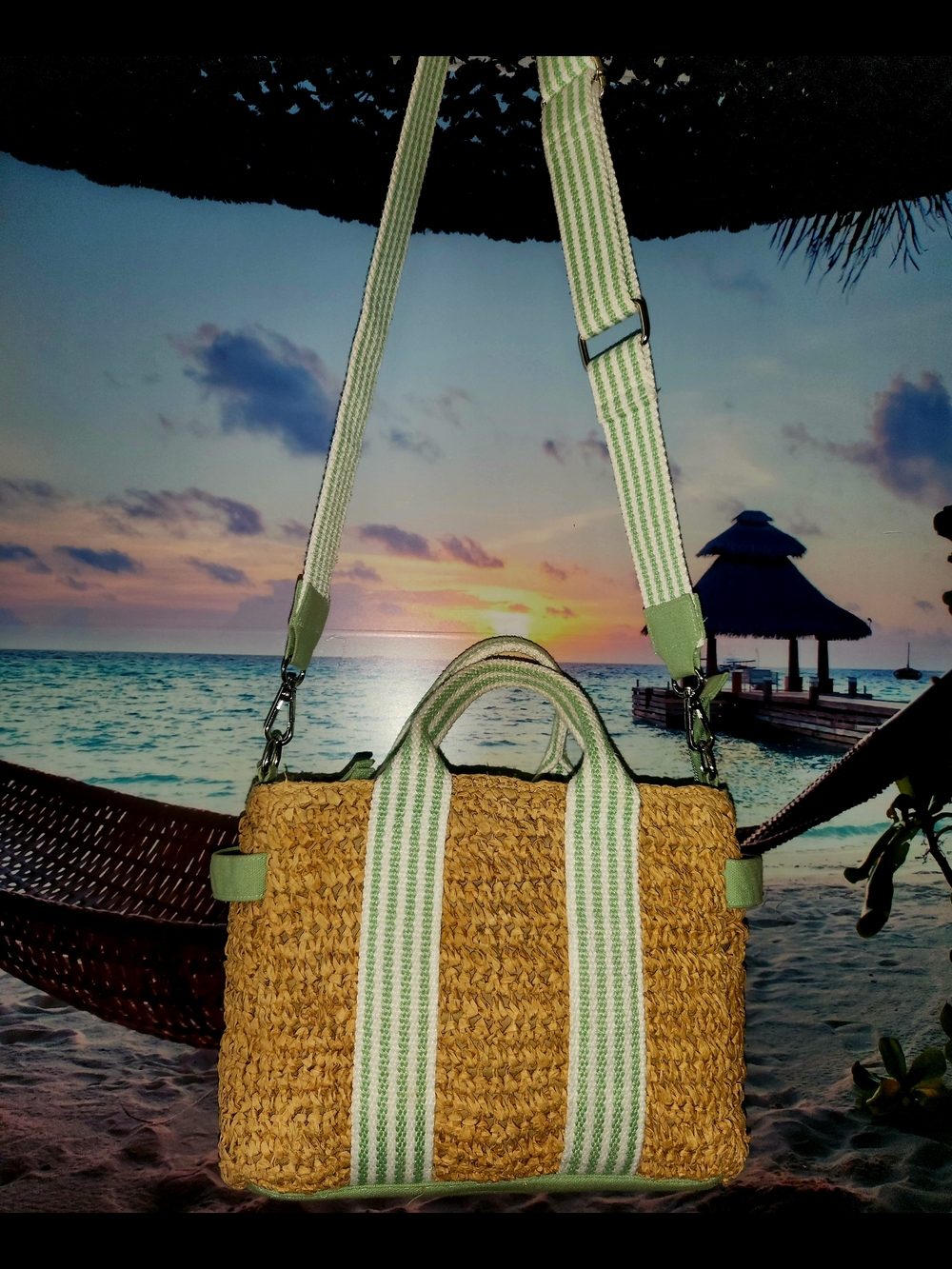 Antik Kraft Natural Straw Crossbody Bag with Green and White Striped Strap